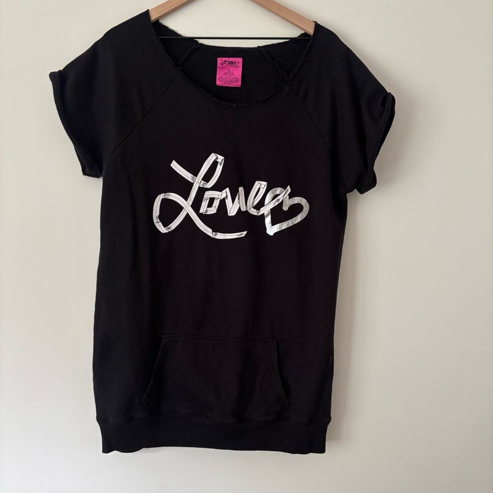 Jenni Jennifer Moore Large Black Distressed LOVE Sweatshirt Dress